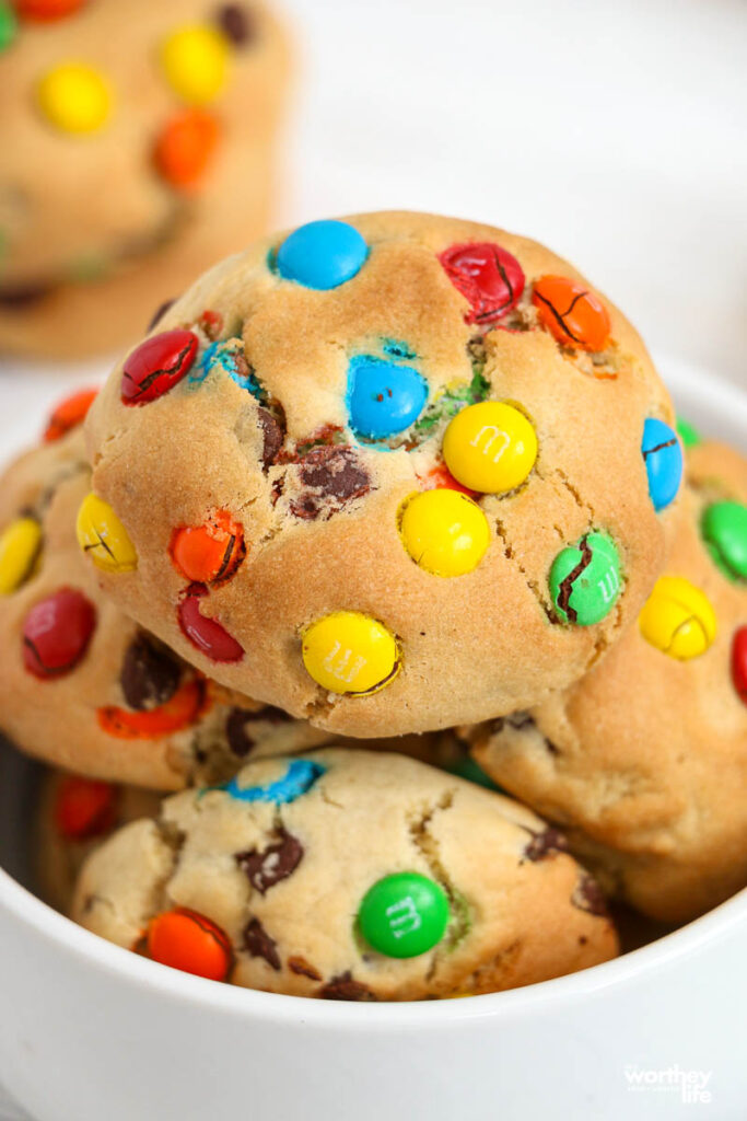 Air Fryer Monster Cookies in a white bowl