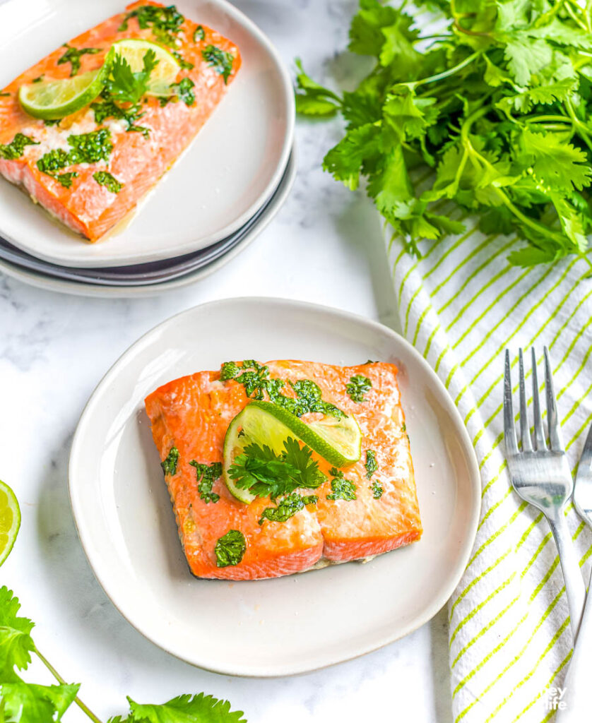 air fryer salmon on white plate