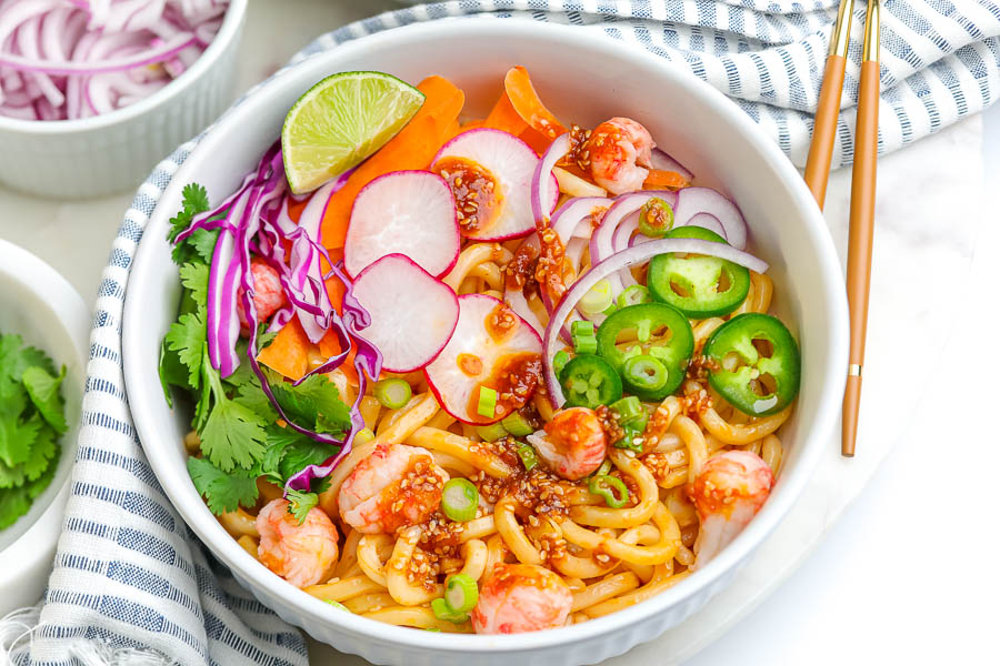 seafood sobo noodle salad in a white bowl