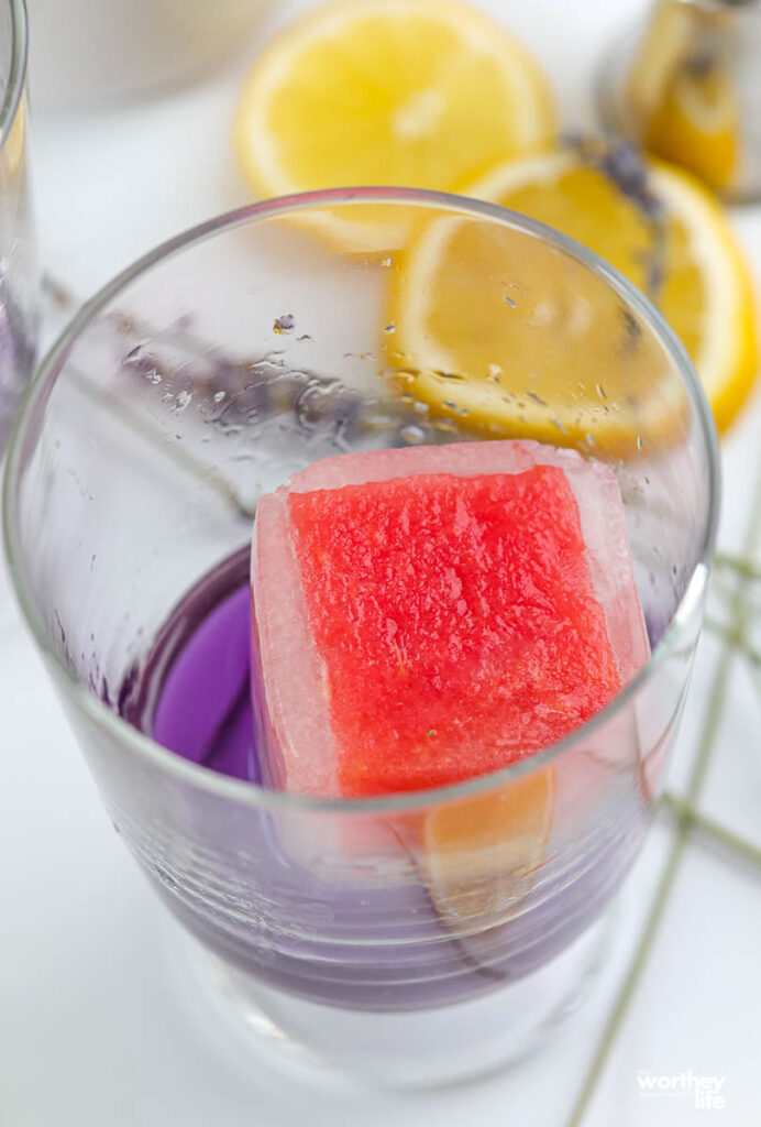 a cocktail glass with a watermelon ice cube