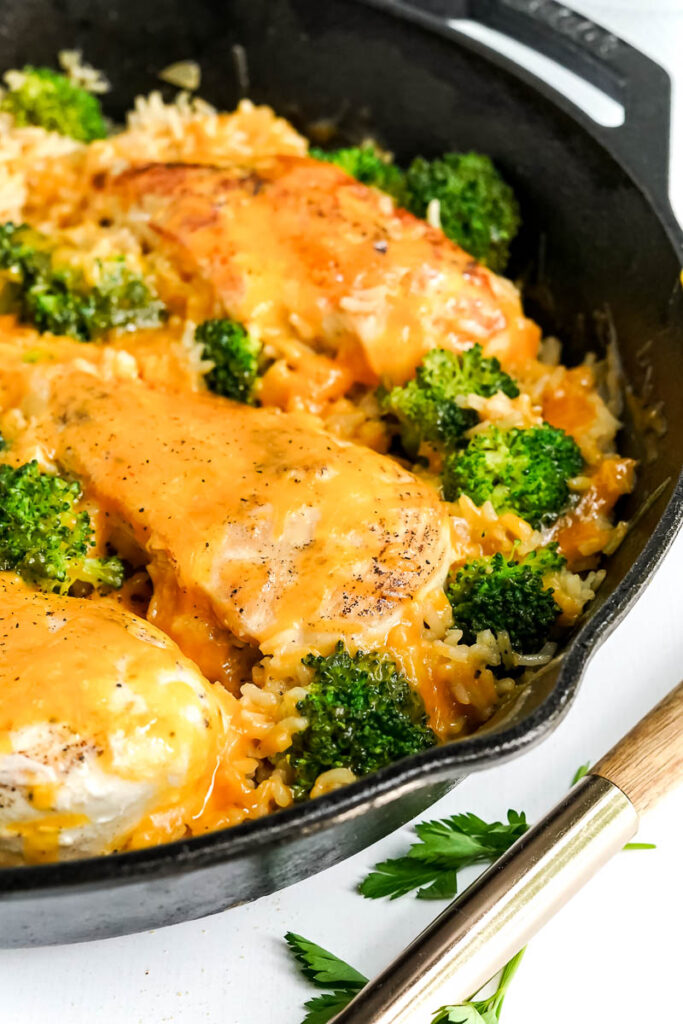 Chicken Broccoli Rice in cast iron skillet