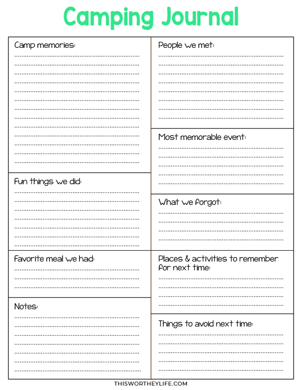 free <span style='background-color:none;'>camping journal</span><span style='background-color:none;'> </span>printable” width=”612″ height=”792″></p>
<h2>What’s on a Camping Journal?</h2>
<p>Use this camping journal to record the fun events of your camping trip.</p>
<p>Listed on this camping journey printable are:</p>
<ul>
<li>camp memories</li>
<li>fun things we did</li>
<li>the favorite meal we had</li>
<li>people we met</li>
<li>most memorable event</li>
<li>what we forgot</li>
<li>places + activities to remember for the next time</li>
<li>things to avoid next time </li>
</ul>
<p><a href=