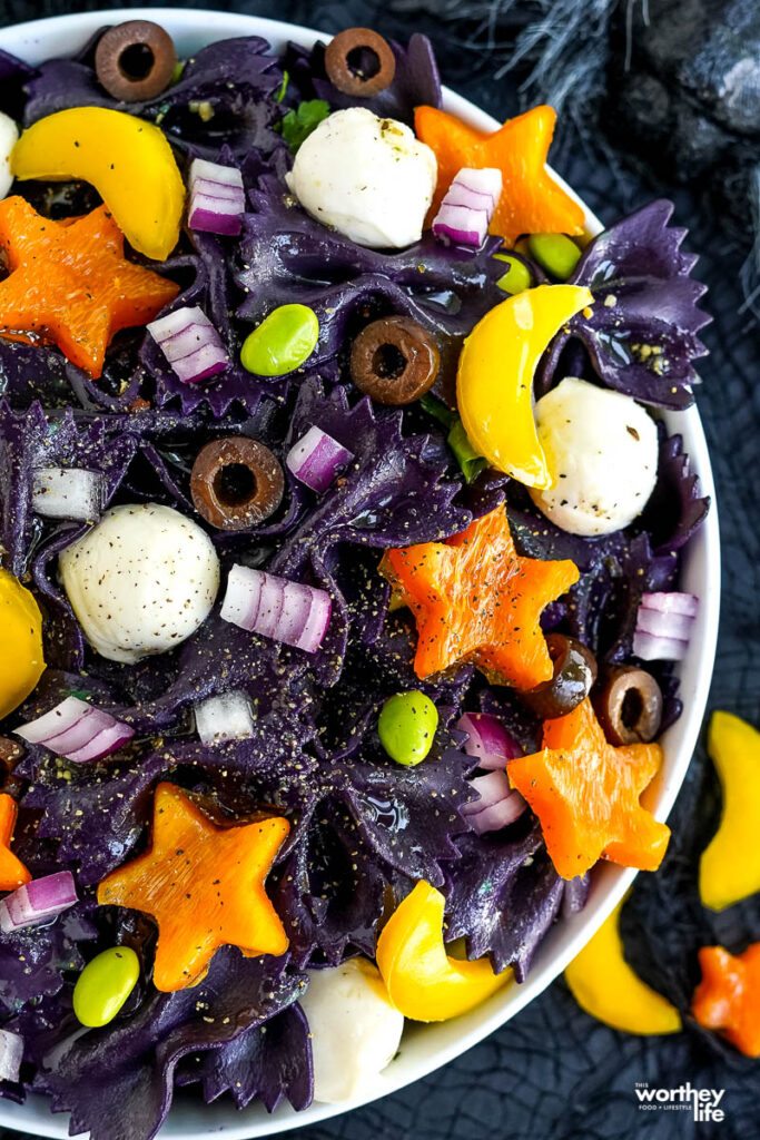 halloween pasta salad in white bowl