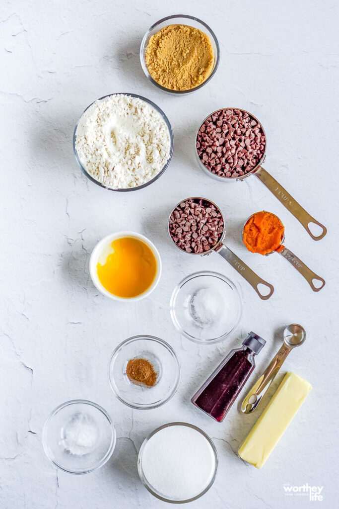 ingredients in bowls for Pumpkin Chocolate Chip Cookies Recipe