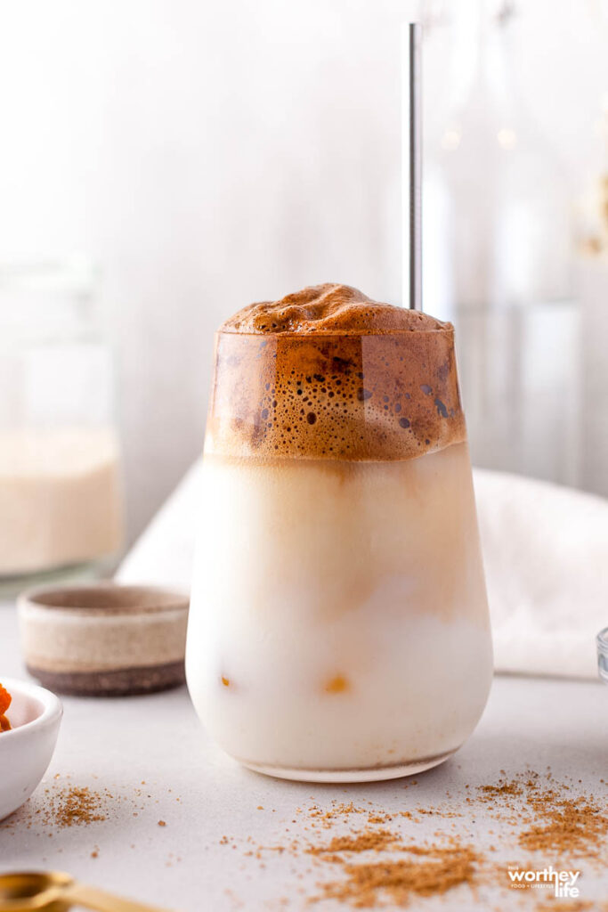 whipped pumpkin drink in clear glass