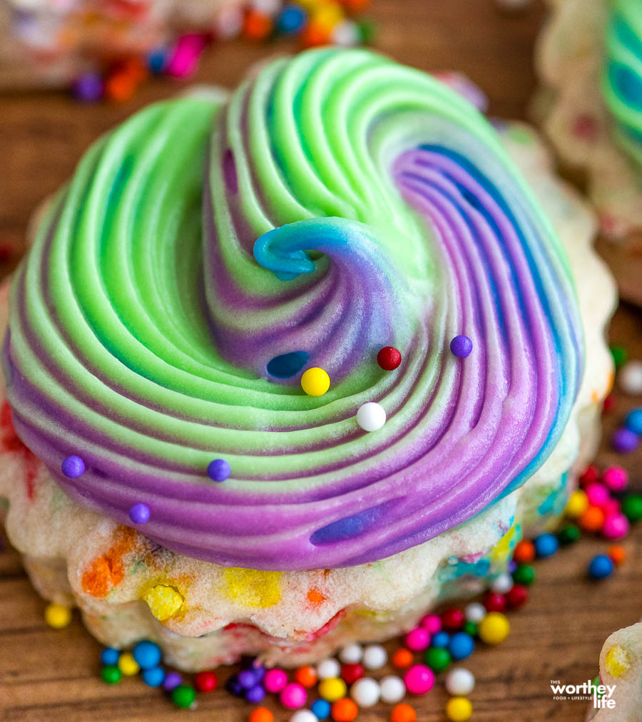 sprinkled sugar cookies with tie-dye homemade frosting