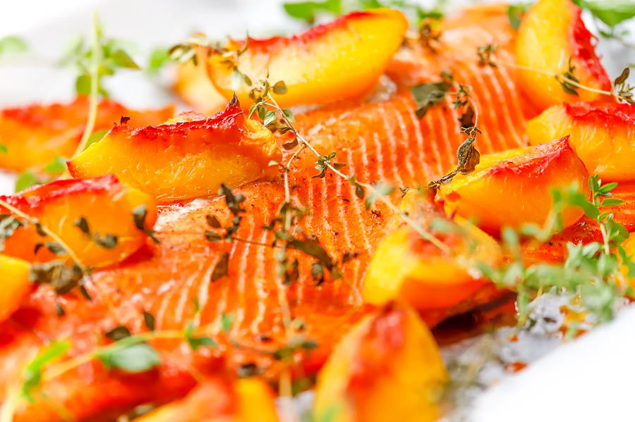 fresh cooked peaches on salmon