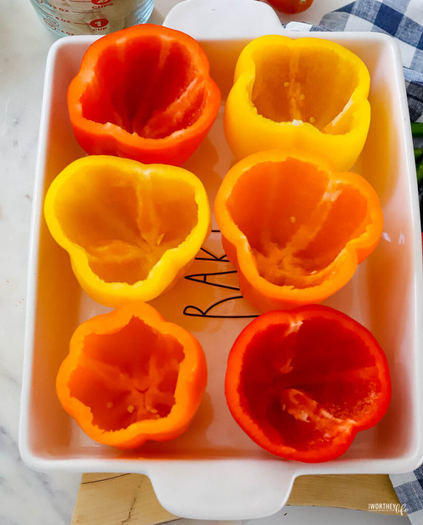 open bell peppers in white dish