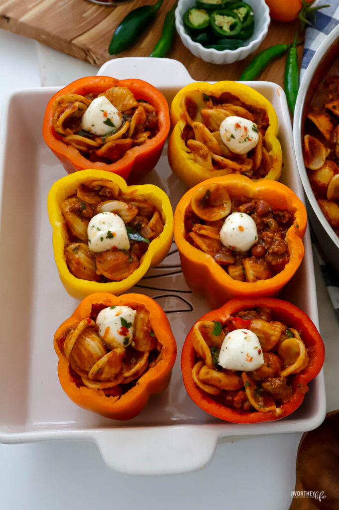 process of making chili mac stuffed peppers