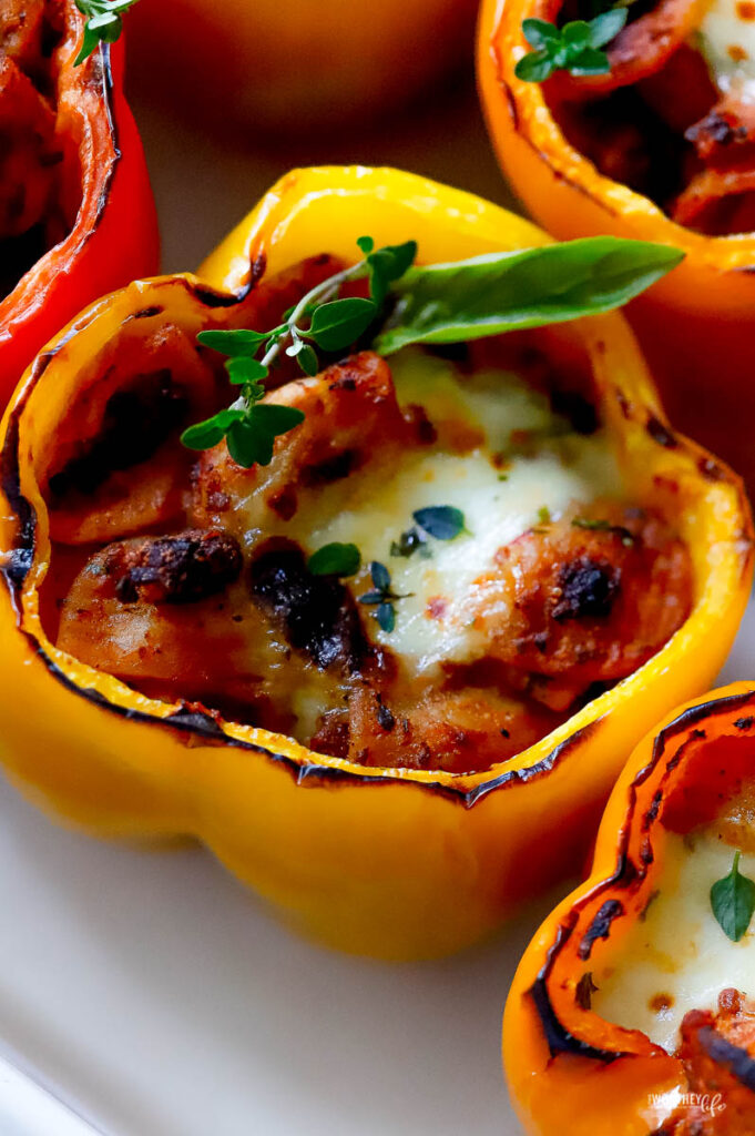 filled bell peppers in white dish