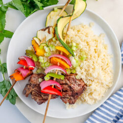 Lamb Asado, Rice + Garden Vegetable Skewers