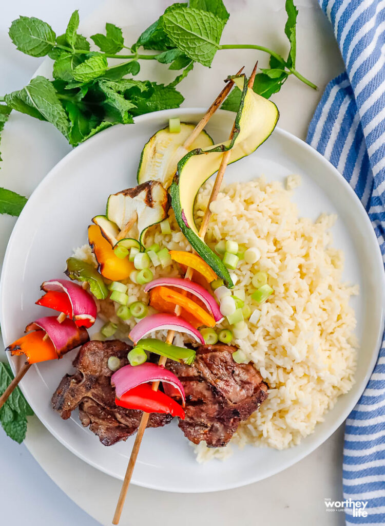 Lamb Asado, Rice + Garden Vegetable Skewers