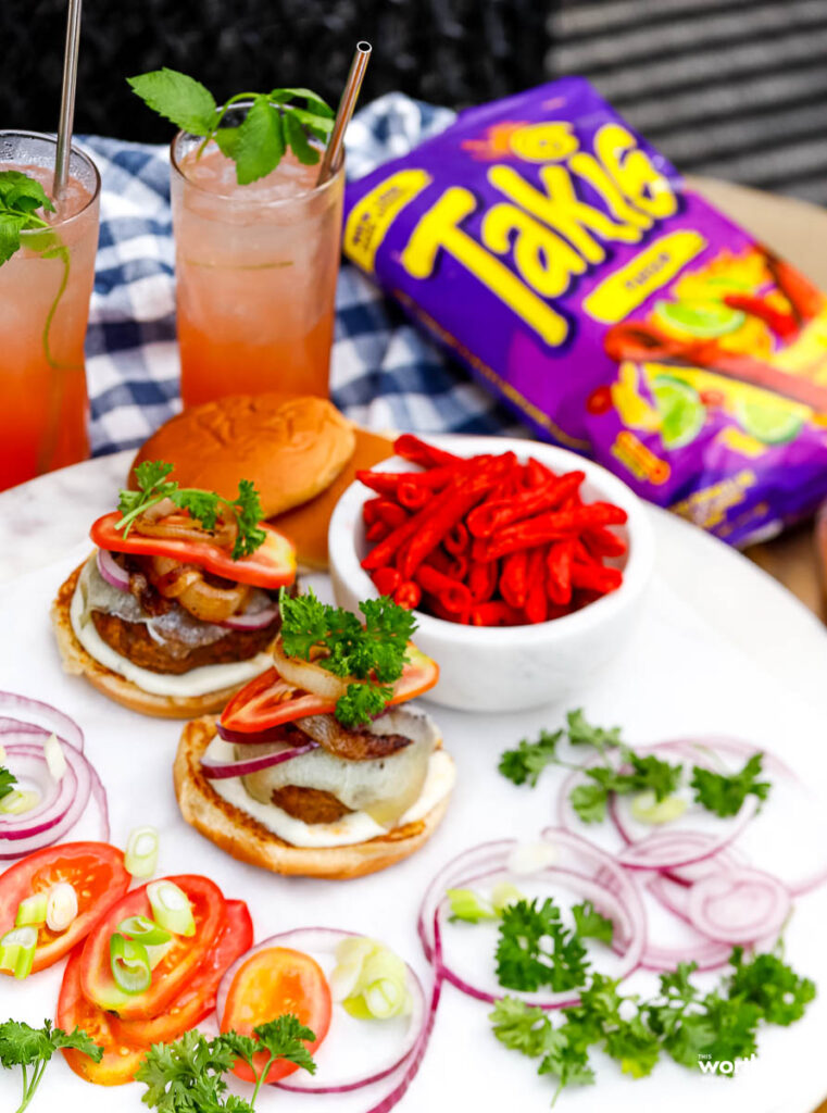 lamb burgers with takis and mocktails