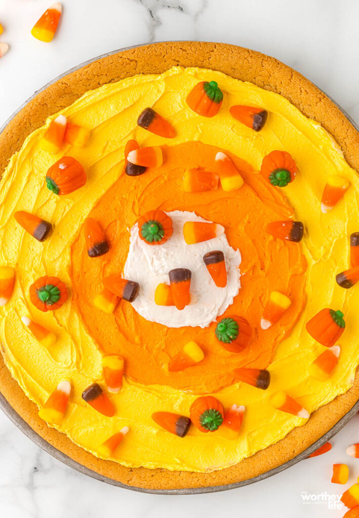 candy corn pizza on white background