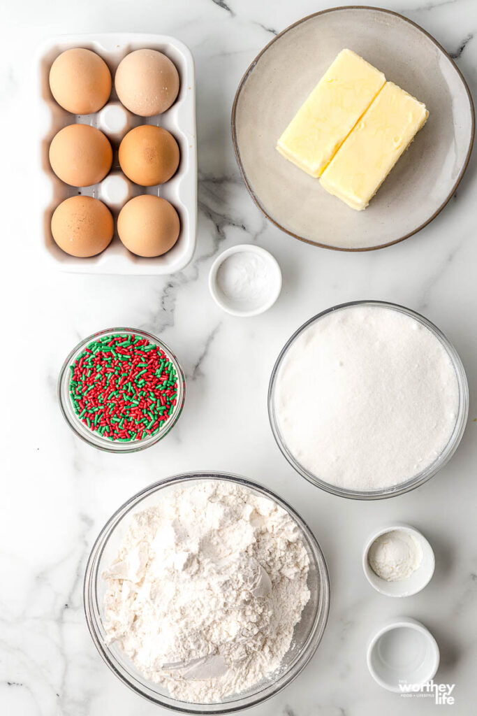 ingredients in glass bowls for sugar cookies