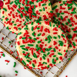 Christmas Sprinkle Cookies on baking sheet