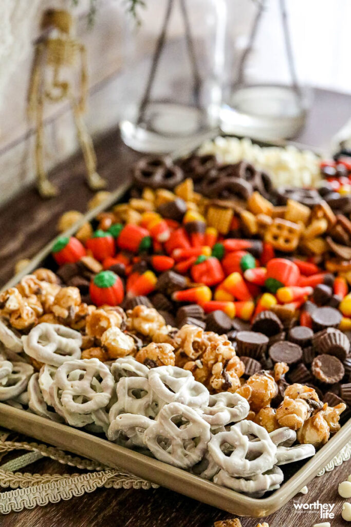 halloween chex mix on sheet pan