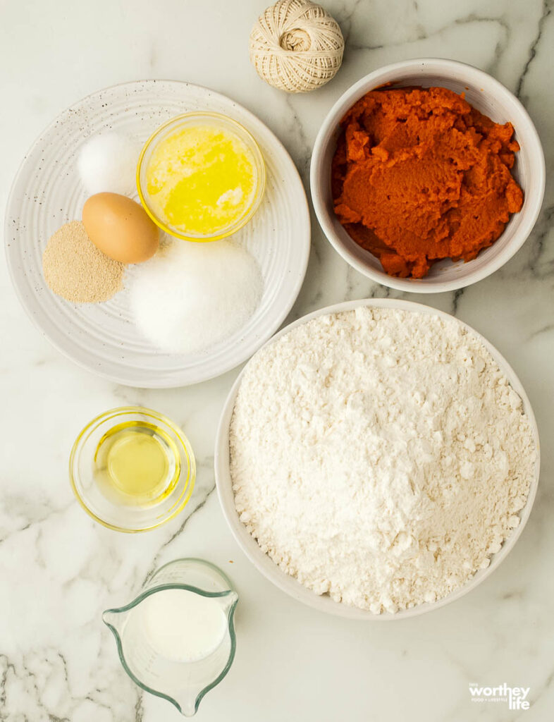 Ingredients You Will Need for Pumpkin Dinner Rolls on white background
