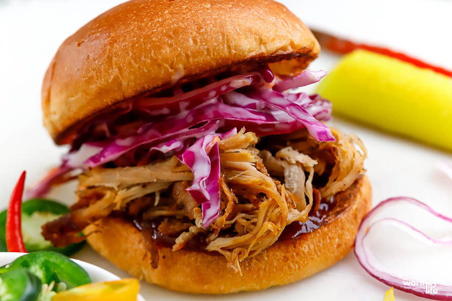 pork sandwiches with coleslaw and buns