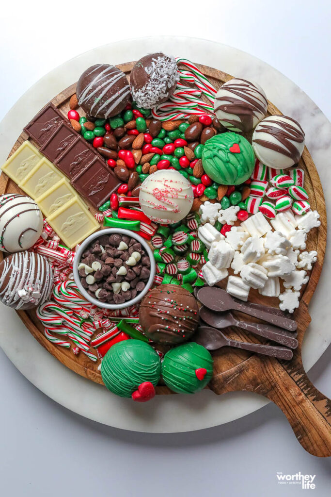 hot chocolate grazing round board with treats