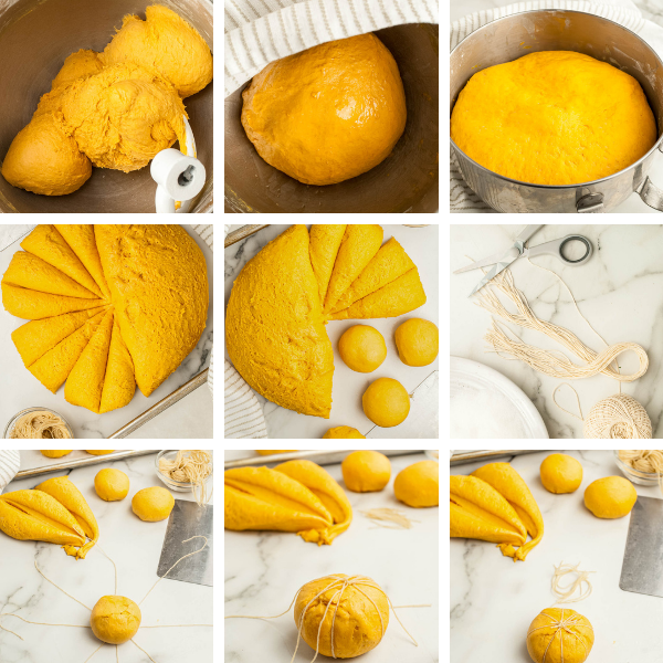 step by step process of pumpkin shaped dinner rolls