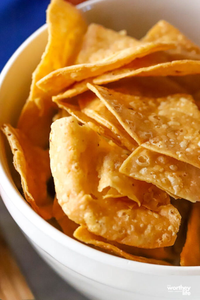 tortilla chips in a white bowl