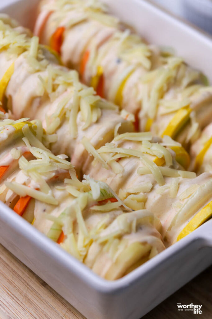 creamy au gratin sweet potatoes in baking dish