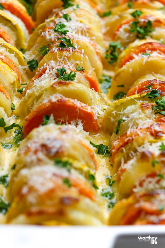 stacks of potato au gratin recipe in baking dish