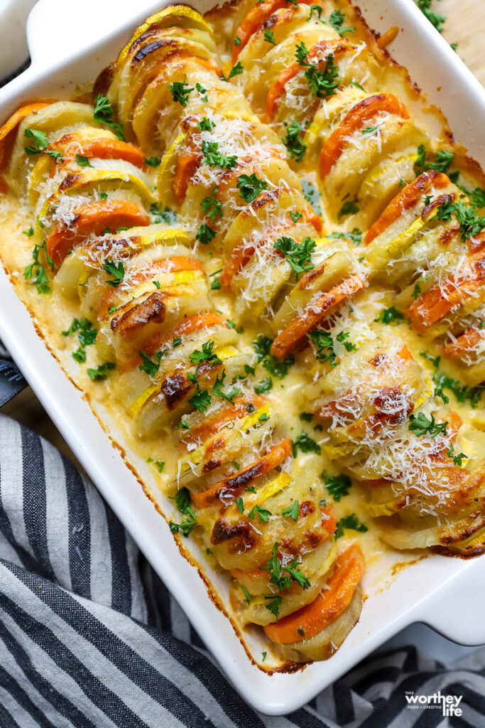 scalloped au grain potato recipe in baking dish