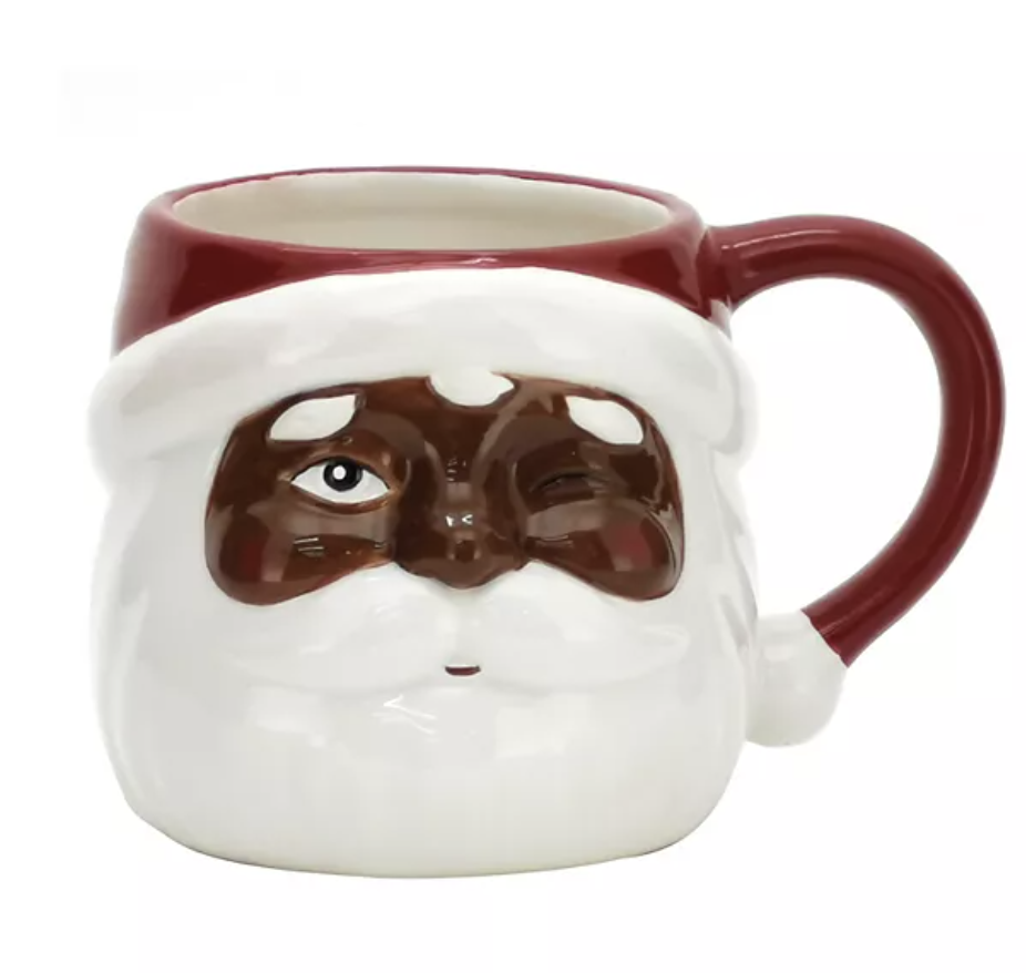 winking black santa mug