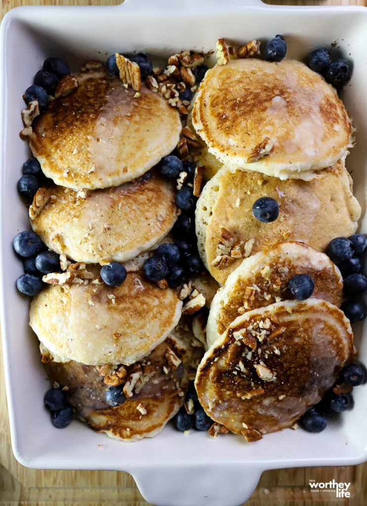 pancakes stacked in a casserole dish