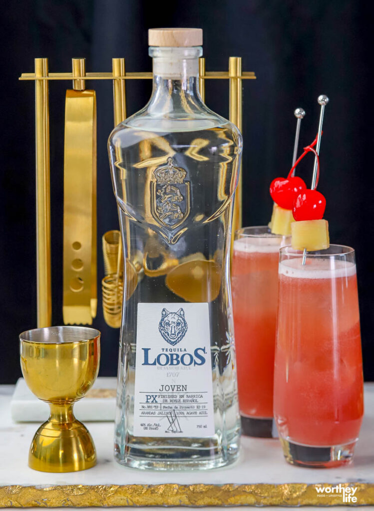 pink bubbly cocktail using lobos tequila