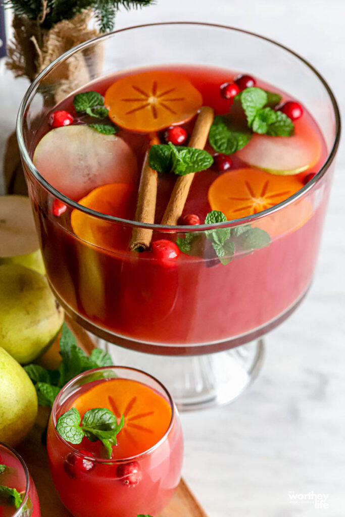 Festive punch bowl filled with pear and cranberry juice plus cranberry ginger ale soda