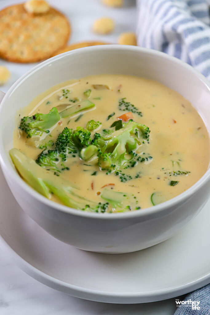 a bowl of broccoli cheddar soup with crackers