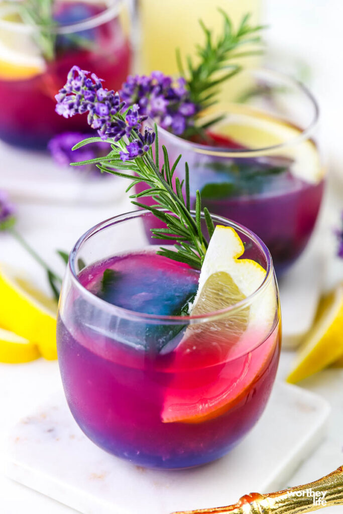 two glasses of blueberry lavender lemonade mocktails