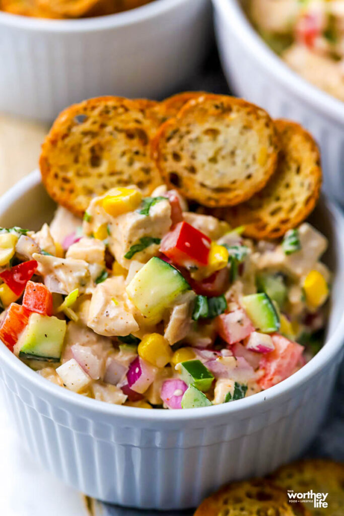 chicken salad in white bowl