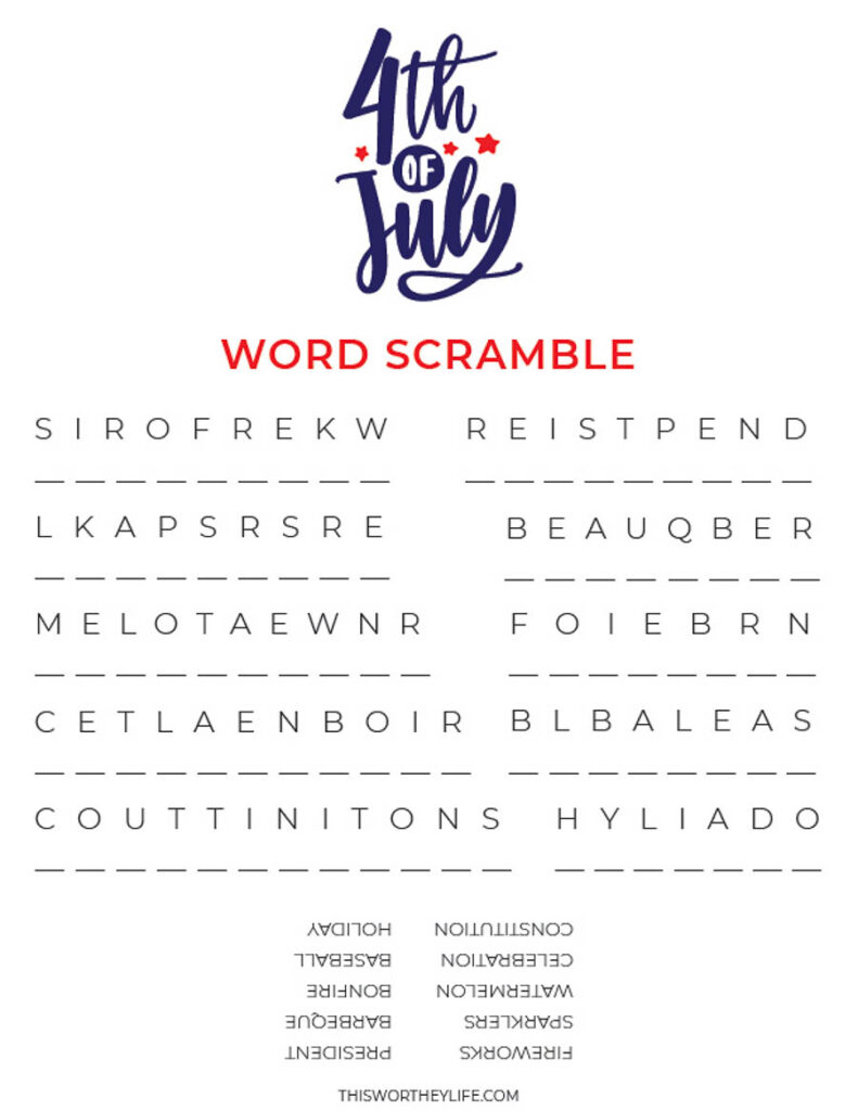 Free printable for a 4th of July Word Scramble
