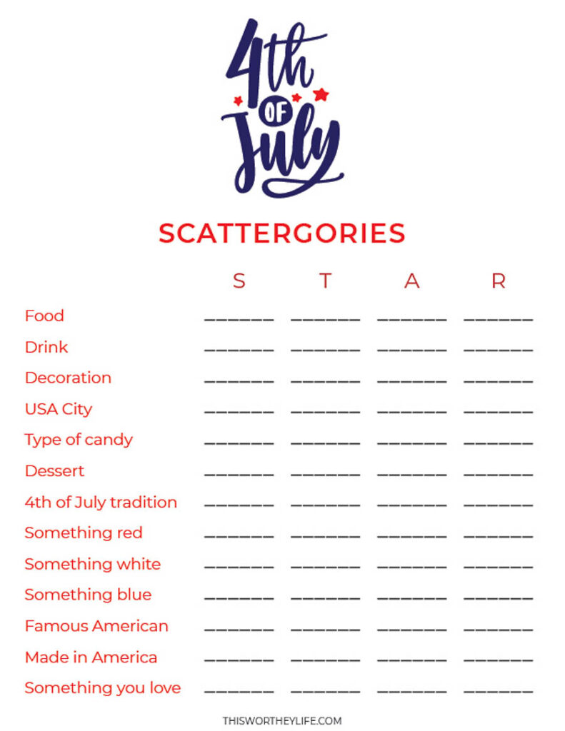 free 4th of July scattergories