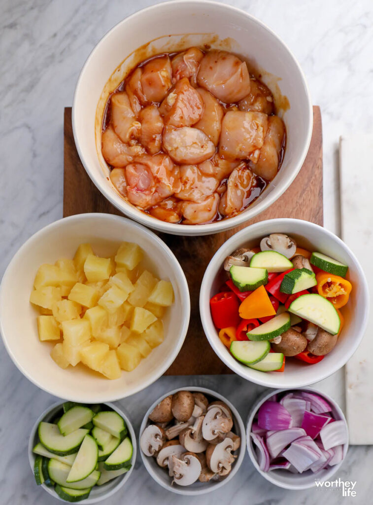 ingredients in bowls for kabobs