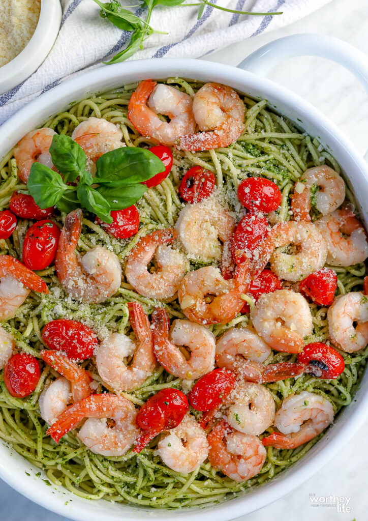 Pasta with shrimp and tomatoes plus homemade pesto