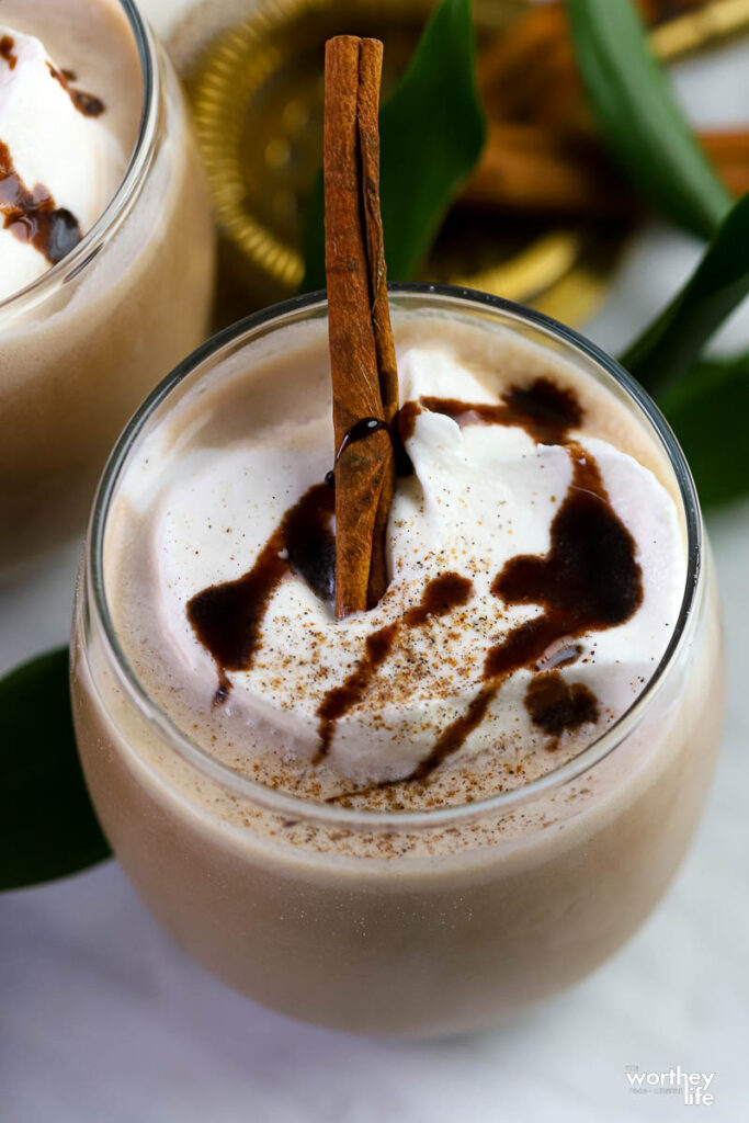 iced dirty chai latte with chocolate drizzle