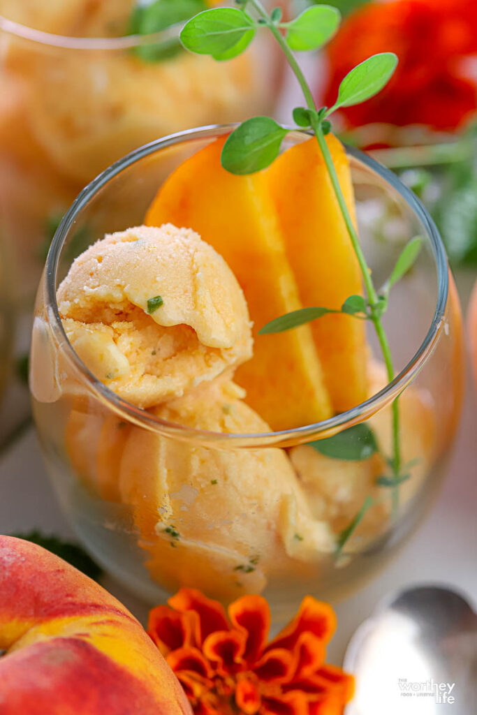 a serving glass filled with peach sorbet and slices of peach
