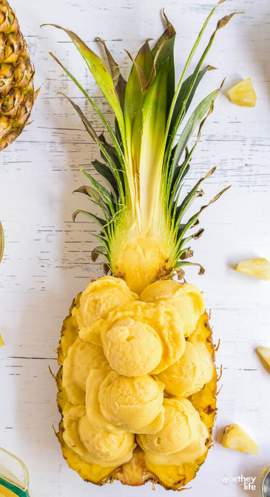 several scoops of homemade ice cream sitting in a hallowed pineapple