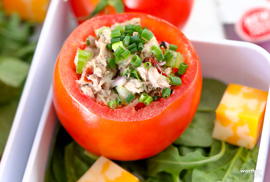 Tuna Salad stuffed into a fresh hollowed out tomato