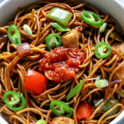 Chicken Lo Mein served in a white bowl.