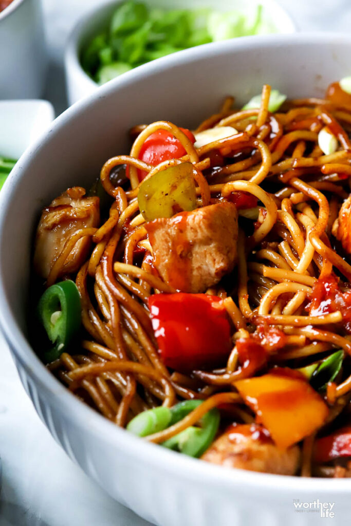 a bowl filled with our Chicken Lo Mein