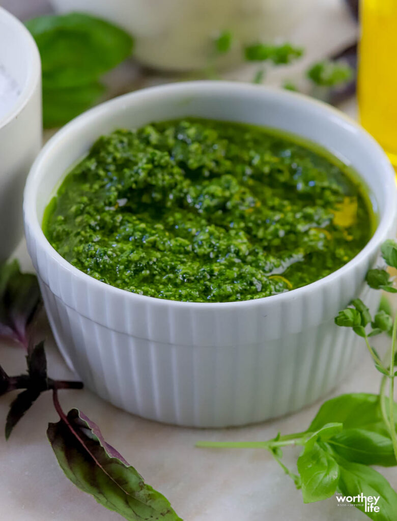 fresh pesto sauce recipe in white bowl