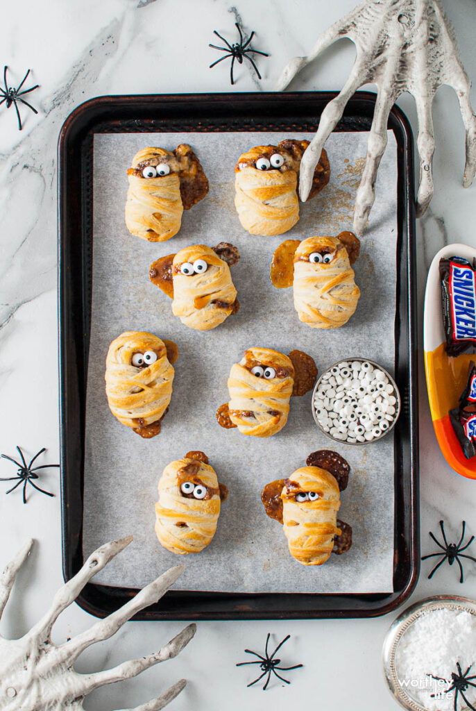 Halloween Mummies  on a baking sheet