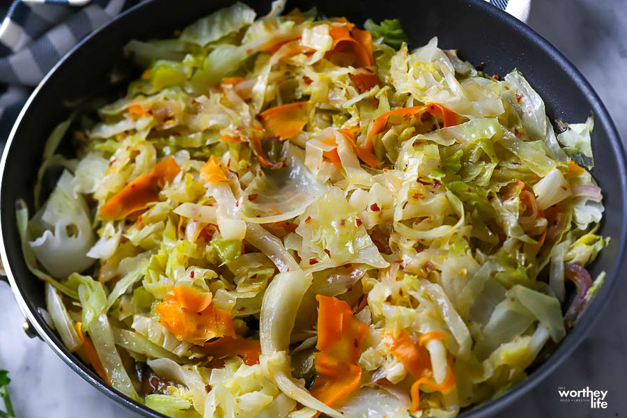 chopped pan fried cabbage recipe in skillet