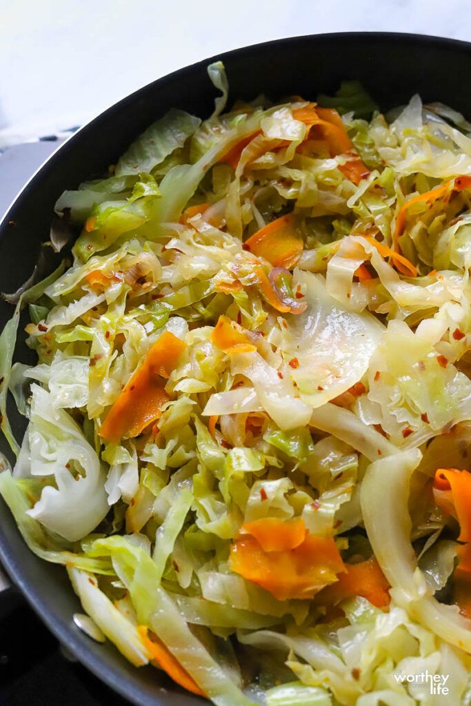 Fried or sauteed cabbage in a skillet